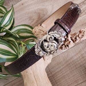 Talbots Squirrel & Acorn Buckle Croc Print Brown Leather Vintage Belt Small